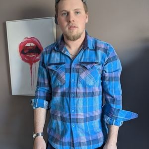 Mens Volcom work wear turquoise blue plaid button down flannel shirt